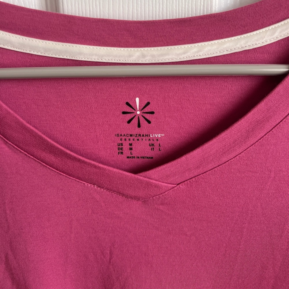 Isaac Mizrahi Live Essentials Long Sleeve Pima Cotton V Neck Pink T-Shirt Top - Picture 2 of 7